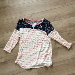 Maurices Navy Floral and Pink Striped Long Sleeve Tee